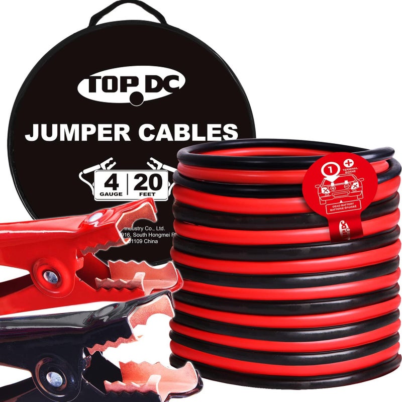 TOPDC 4 Gauge 20 Feet Jumper Cables for Car, SUV and Trucks Battery, Heavy Duty Automotive Booster Cables for Jump Starting Dead or Weak Batteries with Carry Bag, (TD-P0420) - Image 1